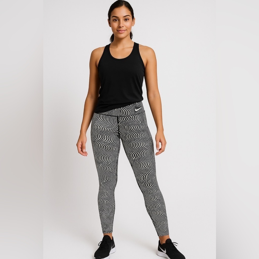 Nike Dri-Fit Leggings Women M Black White Swirl Stripe Yoga Running Pants